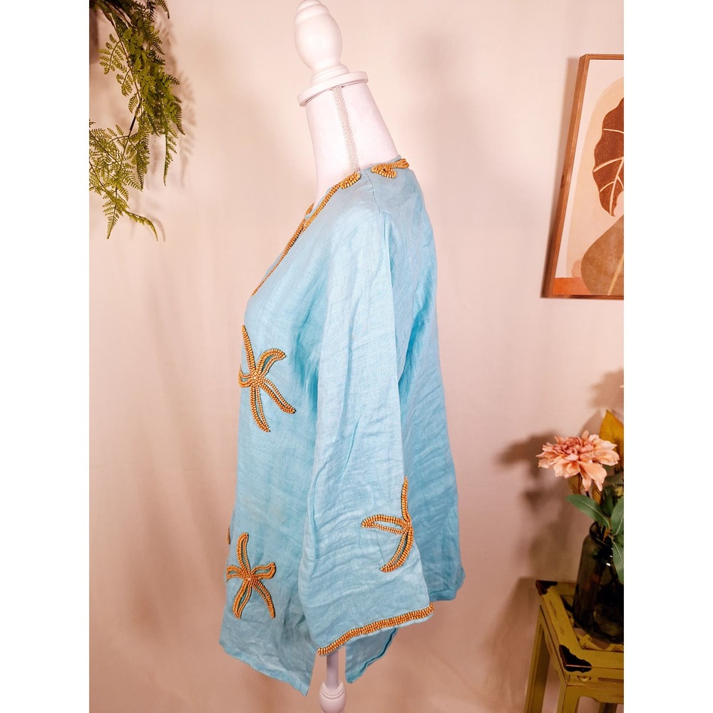 Keylime & Pink Women's Starfish Beaded Tunic Large Made in Pakistan - Picture 6 of 8